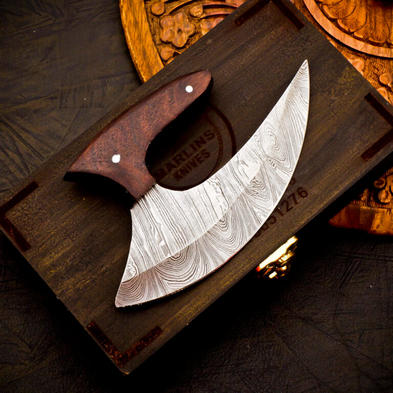 Damascus Steel Ulu Knife with Leather cover | Best Gift for Him