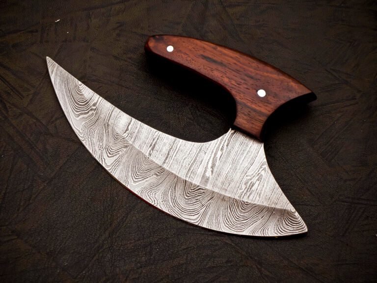 Damascus Steel Ulu Knife with Leather cover | Best Gift for Him