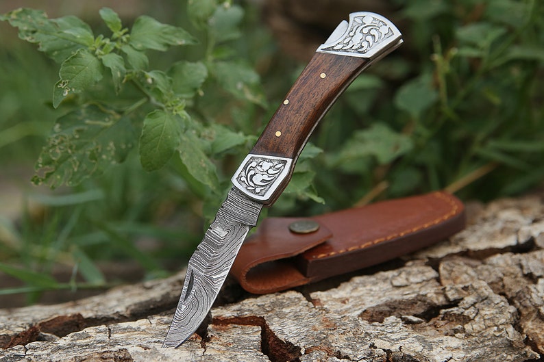 Damascus Folding Knife with Leather cover | Best Camping Knife