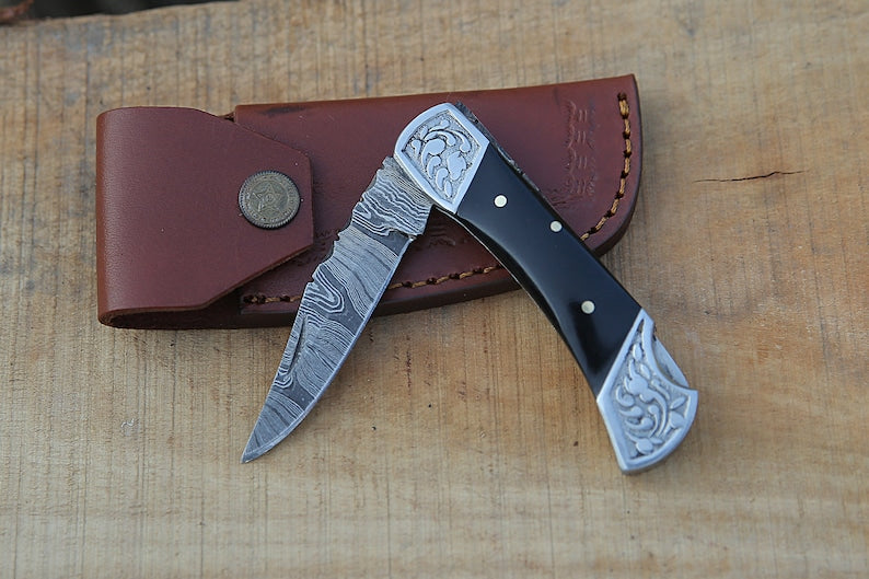 Beautiful Damascus Folding Knife with Leather cover | Best Gift For Men