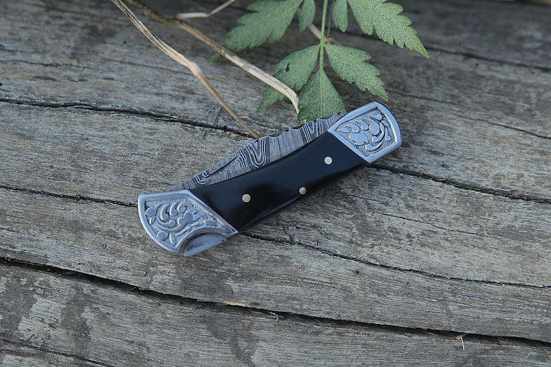 Beautiful Damascus Folding Knife with Leather cover | Best Gift For Men