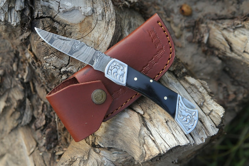 Beautiful Damascus Folding Knife with Leather cover | Best Gift For Men