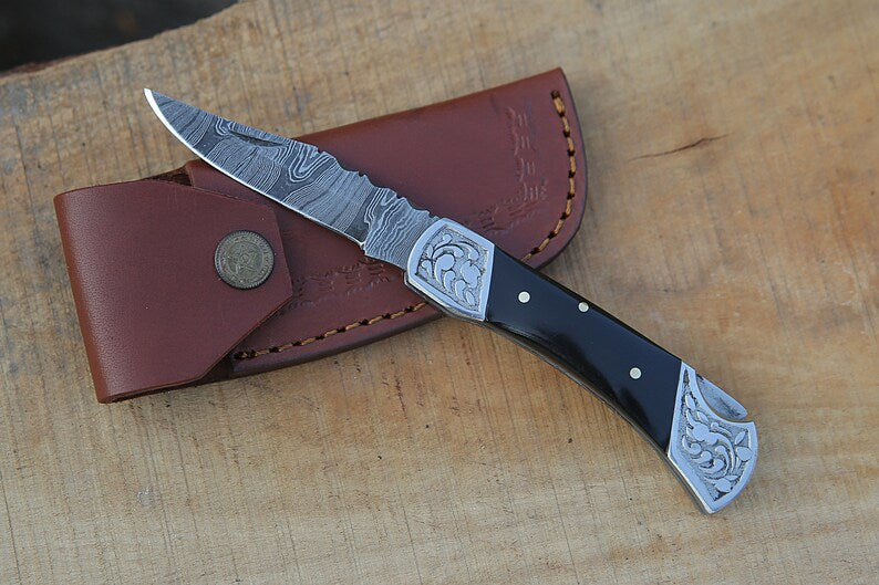 Beautiful Damascus Folding Knife with Leather cover | Best Gift For Men