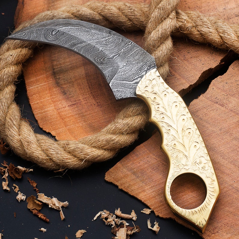 Custom Handmade Damascus Steel Karambit Knife With Engraved Brass Handle