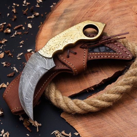 Custom Handmade Damascus Steel Karambit Knife With Engraved Brass Handle