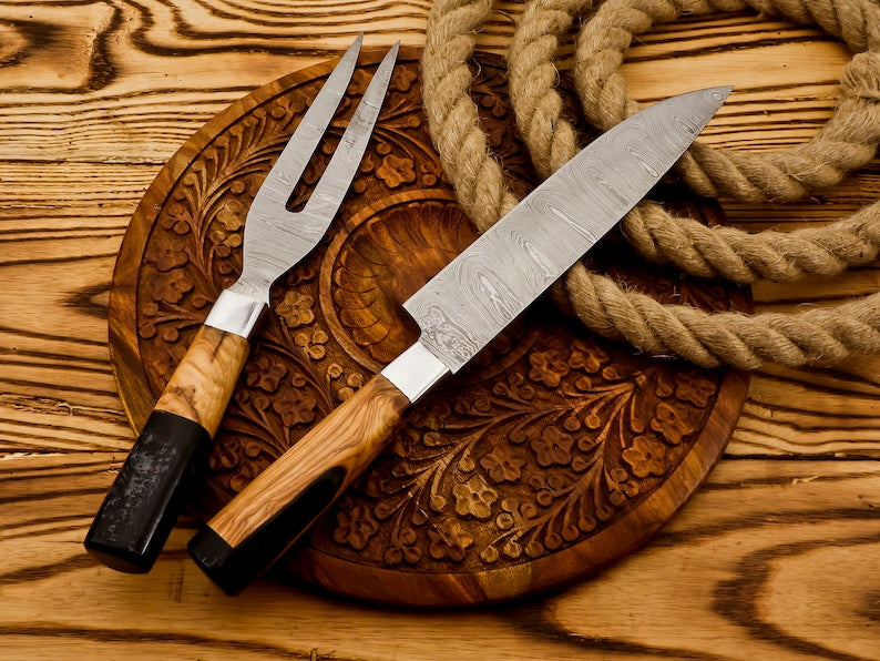 Damascus  BBQ Knife And Fork Set 2PC | Best camping Tools