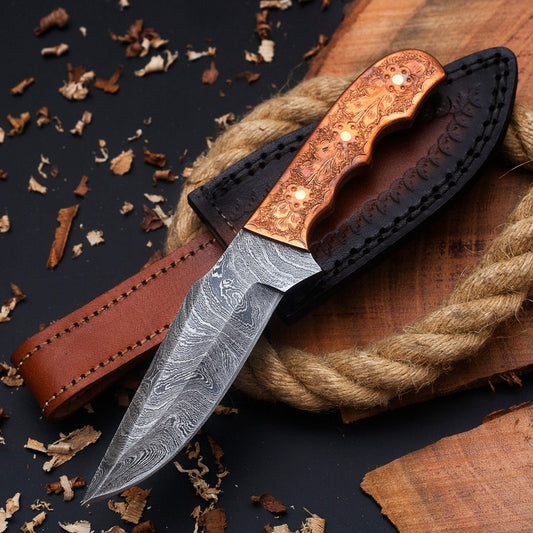 Damascus Steel Skinner Knife With Engraved copper Handle  | Best wedding gifts