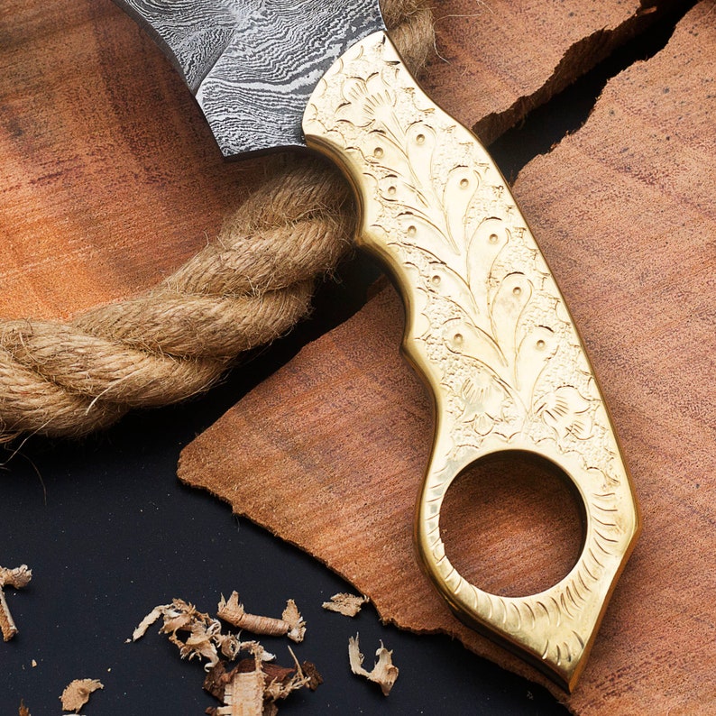 Custom Handmade Damascus Steel Karambit Knife With Engraved Brass Handle