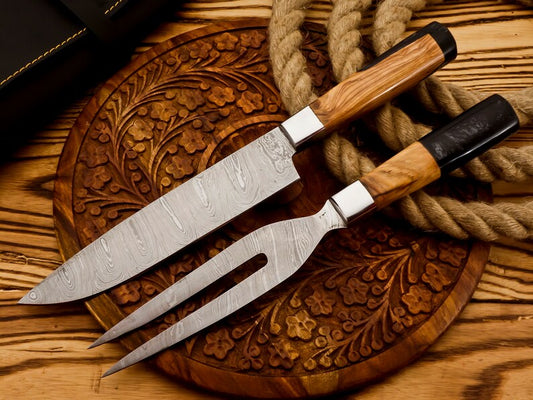 Damascus  BBQ Knife And Fork Set 2PC | Best camping Tools