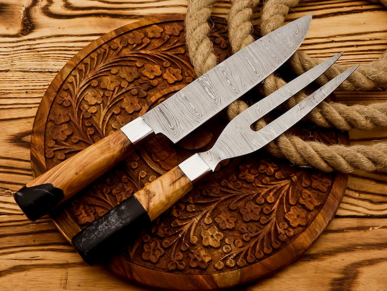 Damascus  BBQ Knife And Fork Set 2PC | Best camping Tools