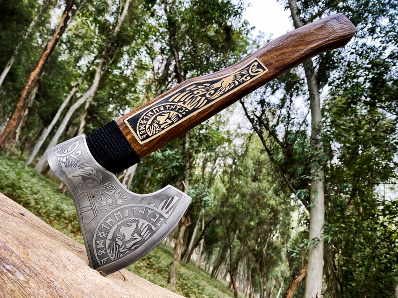 Engraved corban steel  Axe with leather cover | Best camping Axe