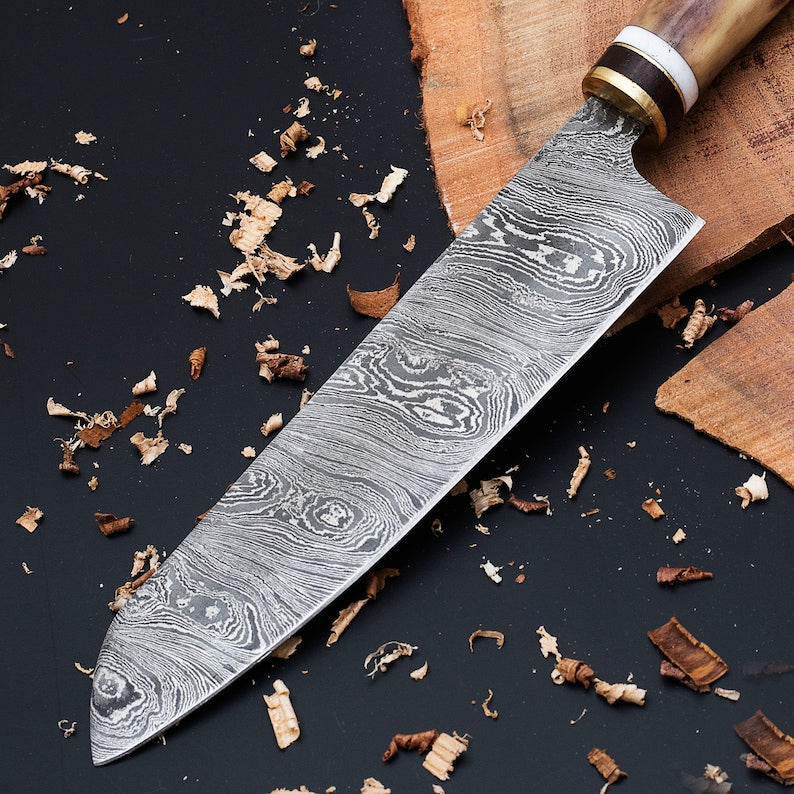 Damascus knife with leather cover | personalized chef's knife | Kitchen Tools