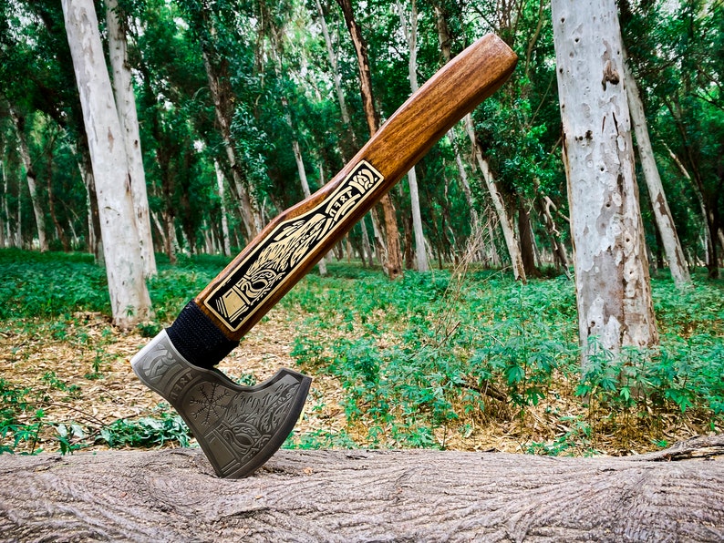 Engraved corban steel  Axe with leather cover | Best camping Axe