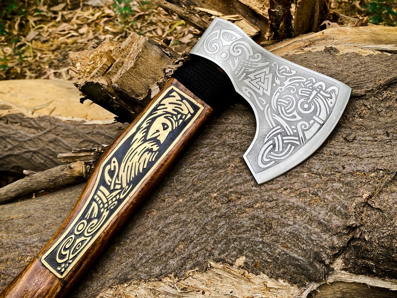 Engraved corban steel  Axe with leather cover | Best camping Axe