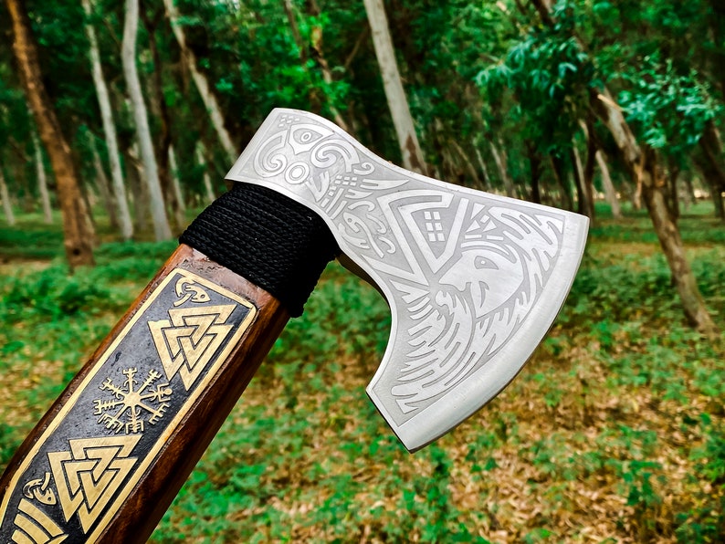 Engraved corban steel  Axe with leather cover | Best camping Axe