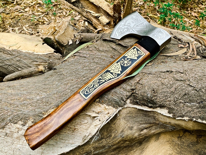 Engraved corban steel  Axe with leather cover | Best camping Axe