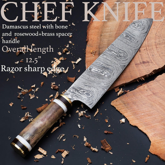 Damascus knife with leather cover | personalized chef's knife | Kitchen Tools