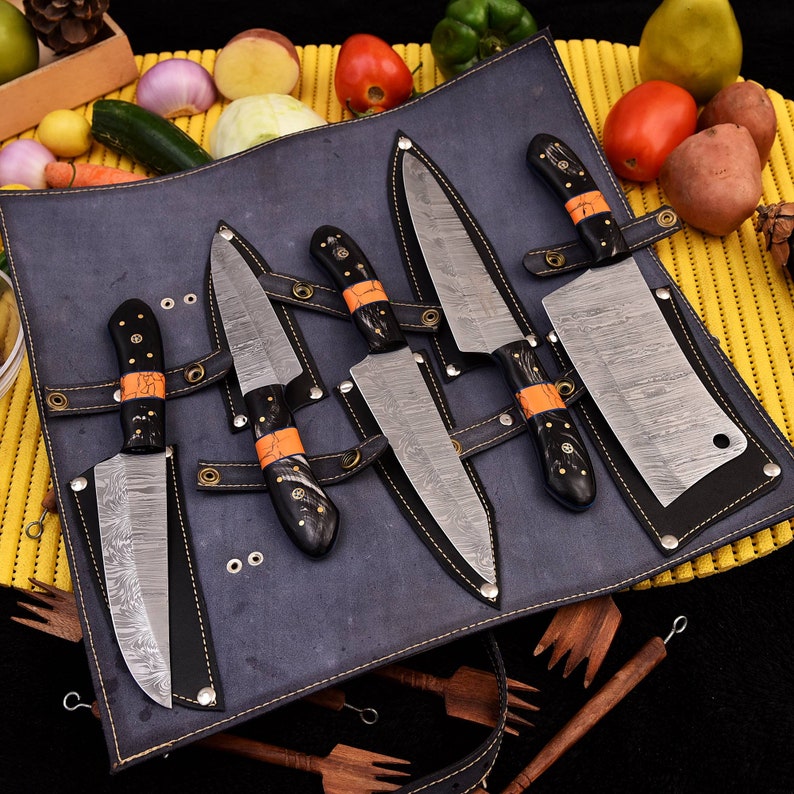 Handmade Sharped Damascus chef knife set with leather cover | best gift for  men