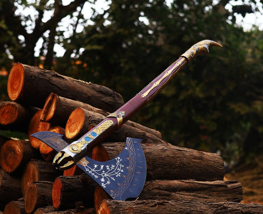 Engraved God of War Axe with leather cover | Handmade Kratos  Axe |  Best men gifts