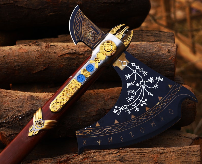 Engraved God of War Axe with leather cover | Handmade Kratos  Axe |  Best men gifts