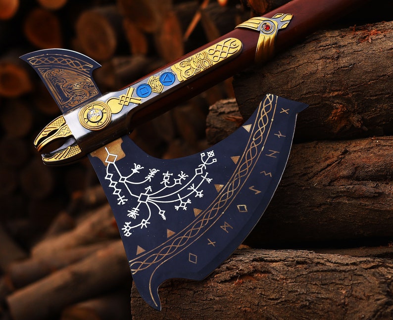 Engraved God of War Axe with leather cover | Handmade Kratos  Axe |  Best men gifts