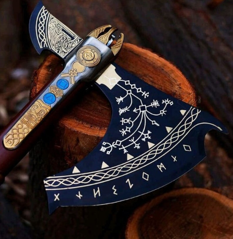 Engraved God of War Axe with leather cover | Handmade Kratos  Axe |  Best men gifts