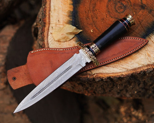 Custom Made Damascus Dagger Knife with Leather cover | Best Anniversary gifts