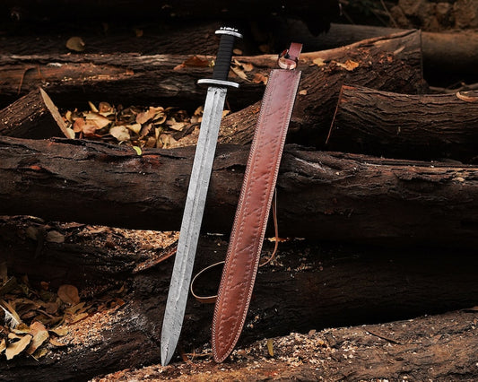 Beautiful Custom Handmade Damascus Steel Sword  with Leather cover