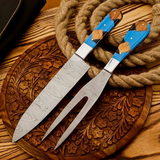 Handmade Damascus Steel Slicing Knife & Fork Set | Best gift for friends