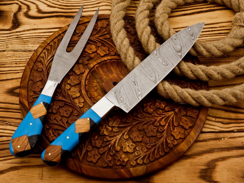 Handmade Damascus Steel Slicing Knife & Fork Set | Best gift for friends