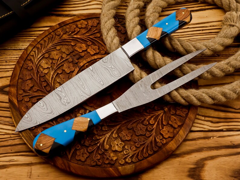 Handmade Damascus Steel Slicing Knife & Fork Set | Best gift for friends