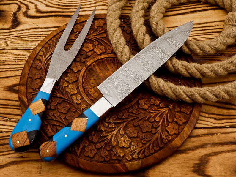 Handmade Damascus Steel Slicing Knife & Fork Set | Best gift for friends