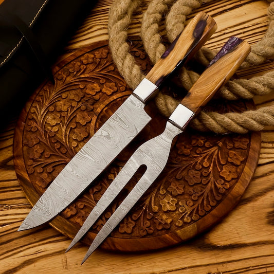 Handmade Damascus Steel Carving Knife Fork Set | BBQ Knife And Fork Set 2PC | best wedding gifts