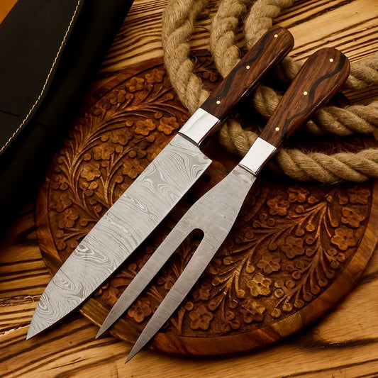 Custom Handmade Damascus BBQ knives with leather cover | Best gift for father