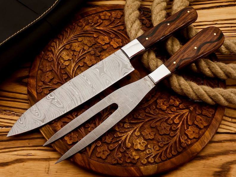 Custom Handmade Damascus BBQ knives with leather cover | Best gift for father