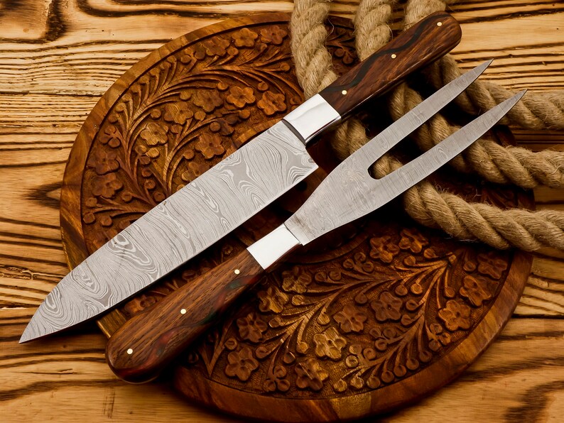 Custom Handmade Damascus BBQ knives with leather cover | Best gift for father