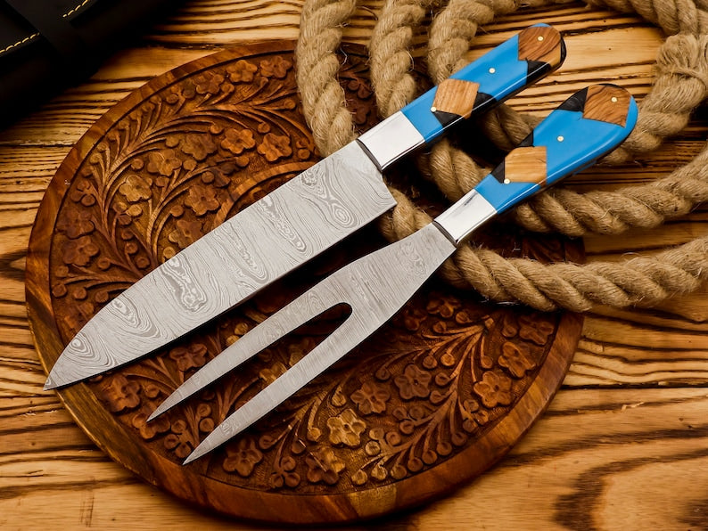 Handmade Damascus Steel Slicing Knife & Fork Set | Best gift for friends