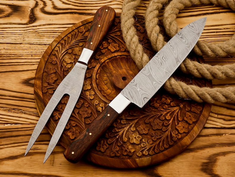 Custom Handmade Damascus BBQ knives with leather cover | Best gift for father